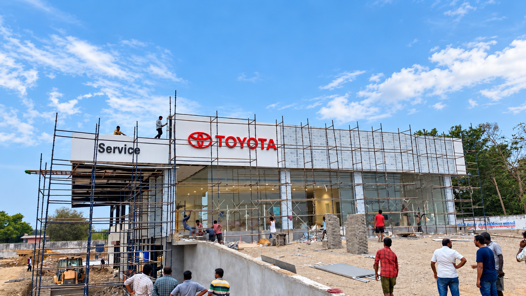Toyota showroom and service centre under construction with structural steel frames