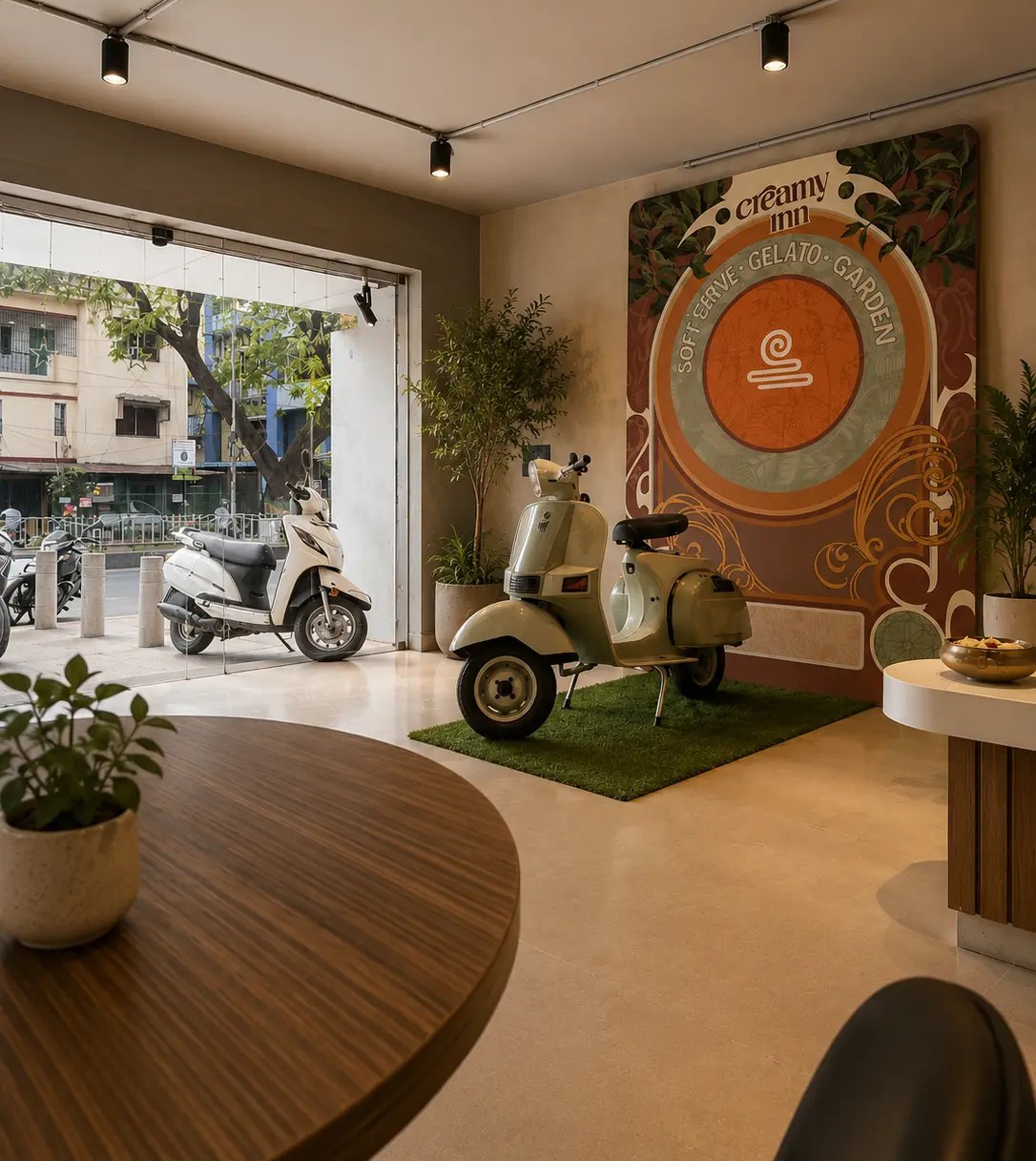 Completed Creamy Inn interior with a vintage scooter