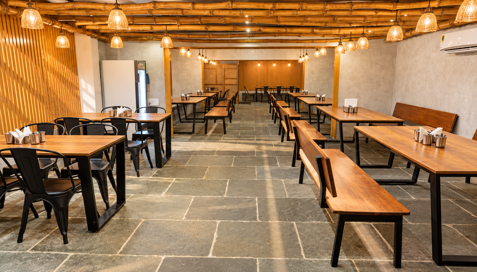 Completed restaurant interior with a bamboo ceiling