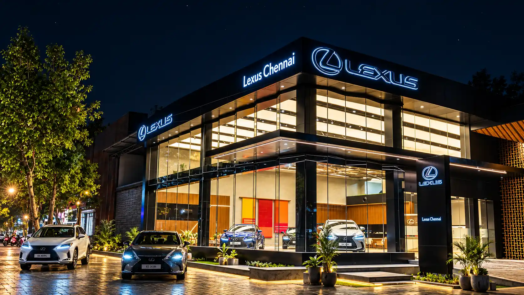 Completed Lexus Chennai showroom exterior at night
