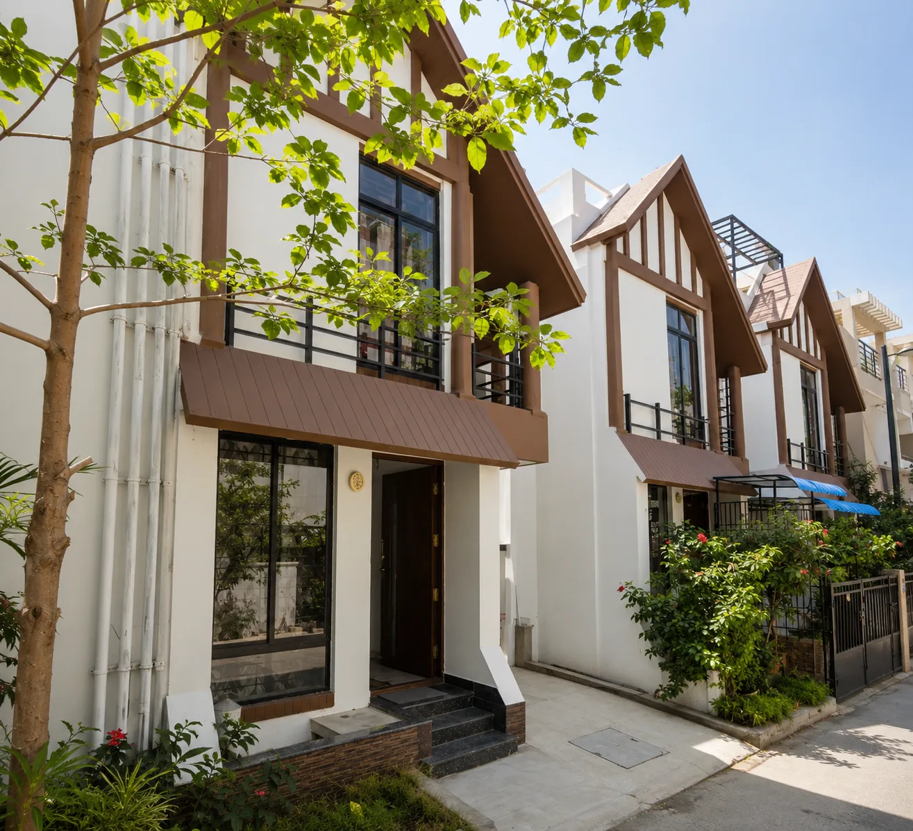 Arambh residential villas with white walls and timber accents